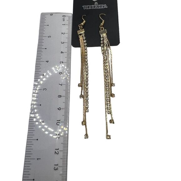 ToDoModa Earrings Fishhook Rhinestone Gold Toned Strands Teardrop Length 11” - Picture 4 of 7